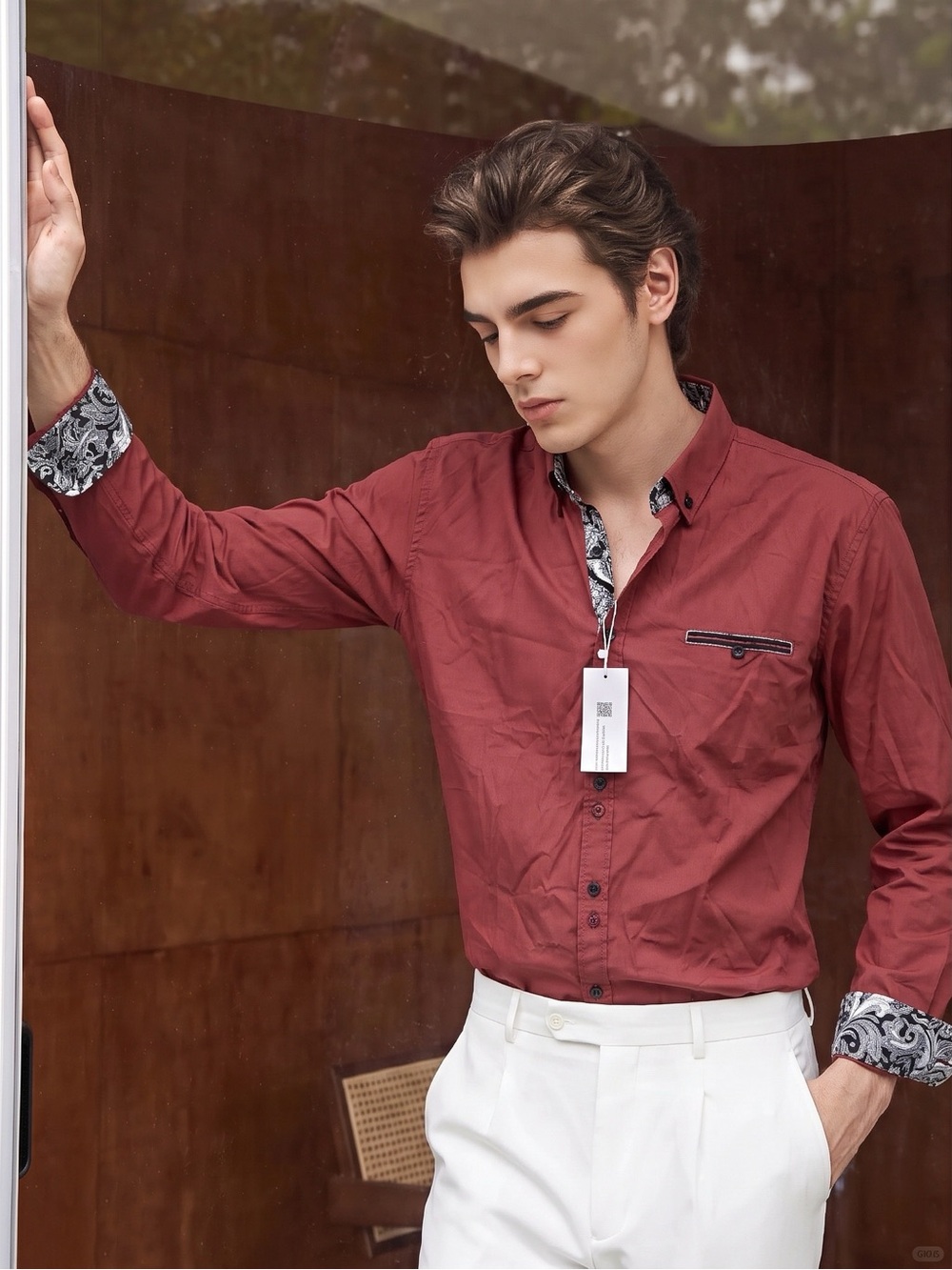 Men's Long-Sleeve Dress Shirt in Burgundy with Paisley trim